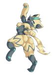  3_fingers 3_toes anthro breasts butt featureless_crotch female full-length_portrait fur hi_res legendary_pok&eacute;mon looking_at_viewer looking_back morokko nintendo nipples pawpads pok&eacute;mon pok&eacute;mon_(species) portrait rear_view simple_background solo standing toes video_games white_background yellow_fur zeraora 