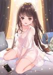  1girl breasts brown_eyes brown_hair cellphone cleavage curtains fujishiro_kokoa full_body highres indoors long_hair looking_at_viewer on_bed original phone pillow see-through sitting smartphone smile socks solo very_long_hair wariza 