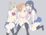  3girls assisted_exposure bangs blue_hair blush bow bra closed_eyes commentary_request eyebrows_visible_through_hair grey_hair hair_between_eyes hair_bow kiss kiss_day kneeling kousaka_honoka long_hair looking_at_another love_live! love_live!_school_idol_project minami_kotori multiple_girls one_side_up open_clothes open_mouth open_shirt orange_hair panties pantyshot pink_bra saliva saliva_trail school_uniform shirt simple_background sitting skirt smile sonoda_umi sweat tetopetesone tongue tongue_out underwear yellow_eyes yuri 