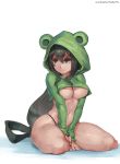  1girl absurdres asui_tsuyu black_hair black_panties boku_no_hero_academia breasts cutesexyrobutts frog_hood green_eyes highres hood hoodie long_hair medium_breasts navel paid_reward panties patreon_reward seiza signature simple_background sitting solo tears thick_thighs thighs underboob underwear very_long_hair white_background 