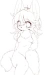  2018 4_fingers anthro atode_kimeru black_and_white blush breasts canid canine canis domestic_dog featureless_breasts female hair kemono long_hair looking_at_viewer mammal monochrome navel nude sitting small_breasts solo 