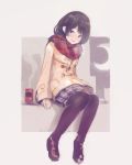  1girl bangs black_hair border brown_coat coat commentary crescent_moon duffel_coat ears_visible_through_hair highres hot_drink ito_daka light_smile long_hair long_sleeves moon night nijisanji outdoors pantyhose plaid plaid_skirt pleated_skirt purple_eyes red_scarf scarf shoes sitting skirt solo straight_hair tsukino_mito white_background 