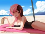  1girl :d beach black_swimsuit blue_sky bottle breasts brown_eyes brown_hair casual_one-piece_swimsuit cleavage cloud collarbone cslucaris day eyebrows_visible_through_hair hair_between_eyes holding holding_bottle large_breasts long_hair looking_at_viewer lotion_bottle lying multicolored_hair neo_(rwby) on_stomach one-piece_swimsuit open_mouth outdoors pink_eyes pink_hair rwby shiny shiny_hair signature sky smile solo strapless strapless_swimsuit swimsuit two-tone_hair watermark web_address 