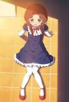  1girl blue_dress blue_eyes braid brown_hair commentary_request dress long_hair looking_at_viewer mon0351 open_mouth original pantyhose sitting solo sunlight twin_braids white_legwear 