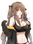  /\/\/\ 1girl :3 black_bra black_gloves blush bra breasts brown_hair cleavage eyebrows_visible_through_hair fang fingerless_gloves girls_frontline gloves hair_ornament hair_ribbon hairclip jacket large_breasts long_hair looking_at_viewer mid_(gameshe) midriff navel off_shoulder open_clothes open_jacket red_eyes ribbon scar scar_across_eye simple_background solo sports_bra twintails ump9_(girls_frontline) underwear white_background 