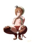  1girl absurdres ass atelier_(series) atelier_ryza bare_shoulders beret blush breasts brown_hair hair_between_eyes hat highres jonathan_h looking_at_viewer navel open_mouth open_toe_shoes reisalin_stout short_hair simple_background skirt solo spread_legs squatting thighhighs tiptoes white_background white_legwear yellow_eyes 