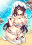  1girl bangs bare_arms bare_shoulders beach bikini black_bow blush bow breasts brown_hair caustics chestnut_mouth choker cleavage collarbone day frilled_bikini frills gloves hair_between_eyes hair_ornament hairclip hands_up highres kneeling large_breasts light_rays long_hair looking_at_viewer navel no_shoes nose_blush original outdoors parted_lips red_eyes sand solo stomach sunbeam sunlight suzunone_rena swimsuit thighhighs thighs veil very_long_hair water white_bikini white_gloves white_legwear 