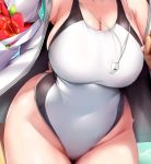  1girl 1other bag bare_shoulders breasts cleavage collarbone commentary_request covered_navel fate/grand_order fate_(series) glint groin highleg highleg_swimsuit jacket jeanne_d&#039;arc_(fate)_(all) jeanne_d&#039;arc_(swimsuit_archer) large_breasts off_shoulder one-piece_swimsuit shiny shiny_skin shoulder_bag sitting skindentation swimsuit thighs wet whistle whistle_around_neck yamoge 