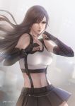  black_skirt blurry blurry_background breasts brown_eyes commentary earrings elbow_gloves elbow_pads final_fantasy final_fantasy_vii final_fantasy_vii_remake fingerless_gloves gloves grey_background jewelry large_breasts leirix_(leirixart) long_hair low-tied_long_hair midriff miniskirt navel pink_lips shirt skirt suspender_skirt suspenders tank_top taut_clothes taut_shirt tifa_lockhart 