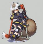  1girl :3 animal_ears animal_helmet arknights arm_support axe badge belt belt_buckle black_belt black_footwear black_jacket black_shorts boots brown_eyes brown_hair buckle chin_rest fire_axe fire_extinguisher firefighter full_body grey_background helmet highres jacket knee_pads kumo_ryuun shaw_(arknights) short_hair shorts solo squirrel_ears squirrel_girl squirrel_tail tail 