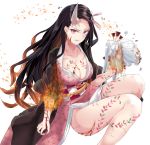  1girl black_hair blood breasts brown_hair cleavage collarbone commentary_request cuts fangs feet_out_of_frame fire gradient_hair hair_ornament hair_ribbon highres horn injury japanese_clothes kamado_nezuko kimetsu_no_yaiba kimono large_breasts long_hair looking_at_viewer multicolored_hair obi open_clothes parted_lips pink_eyes pink_kimono pink_ribbon ponytail ribbon ru_zhai sash severed_head short_sleeves silver_hair simple_background very_long_hair white_background wide_sleeves 