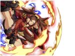  1girl absurdly_long_hair bare_legs blue_fire brown_eyes brown_hair china_dress chinese_clothes detached_sleeves dress fire guilty_gear kicking kuradoberi_jam long_hair official_art shirt solo very_long_hair 