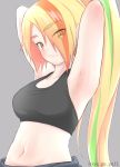  1girl absurdres armpits arms_behind_head arms_up black_sports_bra blonde_hair closed_mouth commentary eyebrows_visible_through_hair eyes_visible_through_hair frown grey_background hair_over_one_eye highres light_green_hair looking_at_viewer multicolored_hair navel nikaidou_saki oze_(xyz_go_go11) ponytail simple_background solo sports_bra streaked_hair twitter_username upper_body zombie_land_saga 