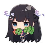  1girl :3 absurdres autumn_leaves bangs big_head black_hair black_jacket black_skirt blazer blue_eyes blush bow braid brown_footwear chibi closed_mouth clover eyebrows_visible_through_hair four-leaf_clover full_body hair_ornament hairclip highres holding jacket long_hair looking_away mouth_hold nijisanji pink_bow plaid plaid_skirt pleated_skirt sapphire_(sapphire25252) simple_background skirt solo standing thighhighs tsukino_mito very_long_hair virtual_youtuber white_background white_legwear 