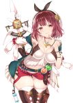  1girl atelier_(series) atelier_ryza atelier_sophie breasts brown_eyes brown_gloves brown_legwear chihaya_72 cleavage closed_mouth cosplay eyebrows_visible_through_hair gloves hand_on_hip highres jewelry large_breasts looking_at_viewer midriff navel necklace red_hair red_shorts reisalin_stout reisalin_stout_(cosplay) short_hair short_shorts shorts simple_background single_glove smile solo sophie_neuenmuller standing thighhighs thighs white_background 