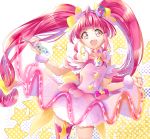  1girl :d ahoge asymmetrical_legwear bangs choker collarbone cowboy_shot cure_star dress eyebrows_visible_through_hair floating_hair hair_ornament highres holding holding_pen layered_dress long_hair looking_at_viewer open_mouth pen pink_dress pink_hair precure red_eyes red_legwear scrunchie shiny shiny_hair short_dress single_thighhigh sleeveless sleeveless_dress smile solo standing star_twinkle_precure thighhighs twintails very_long_hair white_background white_scrunchie wrist_scrunchie yuutarou_(fukiiincho) 