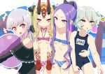  4girls 8key ball bangs bare_shoulders beachball bikini black_dress black_ribbon black_swimsuit blonde_hair blue_bikini blush bow breasts bug butterfly choker closed_eyes closed_mouth collarbone doll_joints dress facial_mark facial_scar fate/apocrypha fate/extra fate/grand_order fate_(series) forehead forehead_mark green_eyes hair_between_eyes hair_ribbon hair_rings horns ibaraki_douji_(fate/grand_order) insect jack_the_ripper_(fate/apocrypha) long_hair multiple_girls name_tag navel nursery_rhyme_(fate/extra) o-ring one-piece_swimsuit one_side_up oni oni_horns open_mouth parted_bangs pink_bikini pointy_ears ponytail purple_eyes ribbon scar scar_on_cheek smile striped striped_bow swimsuit tattoo thighs twintails very_long_hair white_hair wu_zetian_(fate/grand_order) 