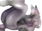  2018 4_fingers anthro atode_kimeru bedroom_eyes black_fur breasts canid canine canis domestic_dog featureless_breasts female fur grey_fur grey_hair hair half-closed_eyes kemono long_hair looking_at_viewer lying mammal mature_female multicolored_fur navel nude on_back red_eyes seductive simple_background smile two_tone_fur white_background 