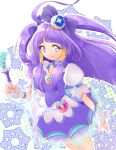  1girl absurdres choker closed_mouth cure_selene dress grey_eyes hair_tubes highres holding holding_pen long_hair nail_polish pen pink_nails precure purple_dress purple_hair short_dress short_sleeves smile solo standing star_twinkle_precure very_long_hair white_background yuutarou_(fukiiincho) 
