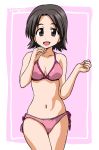  1girl :d bikini black_eyes black_hair bow breasts character_request cleavage collarbone cowboy_shot front-tie_bikini front-tie_top girls_und_panzer ken_(haresaku) medium_breasts open_mouth pink_background pink_bikini pink_bow pink_ribbon ribbon shiny shiny_hair short_hair side-tie_bikini smile solo standing swimsuit two-tone_background white_background 