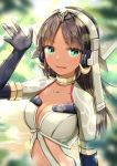  1girl :d akasaka_asa alice_gear_aegis black_gloves blurry blurry_background breasts brown_hair cleavage collarbone elbow_gloves eyebrows_visible_through_hair gloves green_eyes headphones highres kaneshiya_sitara long_hair looking_at_viewer medium_breasts midriff open_mouth original smile solo stomach upper_body 