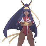  1girl commentary cosplay crossed_arms dark_skin earrings fate/grand_order fate_(series) gunbuster_pose hair_ornament headband highres jewelry kyou_(ningiou) long_hair long_ponytail nitocris_(fate/grand_order) purple_eyes takaya_noriko takaya_noriko_(cosplay) top_wo_nerae! tsurime white_background 