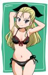  1girl armpits arms_behind_back ass_visible_through_thighs assam bikini black_bikini black_bow blonde_hair bow breasts cleavage closed_mouth collarbone cowboy_shot front-tie_bikini front-tie_top girls_und_panzer green_background hair_bow halterneck highres ken_(haresaku) long_hair looking_at_viewer medium_breasts navel shiny shiny_hair side-tie_bikini smile solo standing swimsuit thigh_gap two-tone_background white_background 