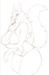 2018 5_fingers anthro atode_kimeru big_breasts bikini black_and_white blush breasts canid canine canis clothing cute_fangs female hair huge_breasts kemono long_hair looking_at_viewer mammal mature_female monochrome navel open_mouth simple_background sketch solo standing swimwear white_background wolf 