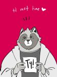  &lt;3 2019 anthro canid canine clothing cyanroll english_text hi_res hoodie humanoid_hands male mammal raccoon_dog shirt simple_background solo tanuki text topwear 