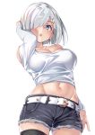  1girl alternate_costume arm_at_side bare_shoulders belt blue_eyes breasts collar commentary_request contemporary contrapposto denim denim_shorts ebifurya from_below groin hair_flip hair_ornament hair_over_one_eye hairclip hamakaze_(kantai_collection) highres impossible_clothes impossible_shirt kantai_collection large_breasts looking_to_the_side navel off_shoulder shirt short_hair shorts silver_hair solo thighhighs thighs white_background white_belt white_shirt 