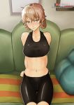  1girl amane_suzuha arms_behind_back bike_shorts black_bra black_shorts blush bra braid breasts brown_hair closed_mouth couch hair_between_eyes indoors looking_at_viewer medium_breasts midriff navel patreon_logo shiny shiny_hair short_hair shorts sitting smile solo sports_bra steins;gate stomach thigh_gap tied_hair twin_braids underwear watermark yellow_eyes yf_studio 