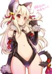 1girl absurdres animal_ears bangs bare_shoulders bell black_gloves black_hairband black_leotard black_sleeves blonde_hair blush breasts cat_ears cat_girl cat_tail center_opening commentary_request detached_sleeves eyebrows_visible_through_hair fake_animal_ears fate/kaleid_liner_prisma_illya fate_(series) fur-trimmed_gloves fur_collar fur_trim gloves hair_bell hair_between_eyes hair_ornament hair_ribbon hairband hand_up highres illyasviel_von_einzbern jigatei_(omijin) jingle_bell leotard long_hair long_sleeves navel parted_lips paw_gloves paws red_eyes red_ribbon ribbon simple_background small_breasts solo stomach tail tail_bell tail_ribbon translation_request two_side_up very_long_hair white_background 