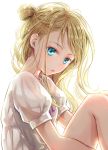  1girl akasaka_asa blonde_hair blue_eyes closed_mouth from_side long_hair looking_at_viewer multiple_girls neck_ribbon original purple_ribbon ribbon shiny shiny_hair shirt short_sleeves simple_background sitting solo tied_hair white_background white_shirt 