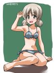  1girl :d aki_(girls_und_panzer) armpits bangs barefoot bikini blush breasts cleavage collarbone eyebrows_visible_through_hair front-tie_bikini front-tie_top girls_und_panzer green_background green_eyes grey_bikini hair_between_eyes ken_(haresaku) navel open_mouth shiny shiny_hair short_hair short_twintails side-tie_bikini signature silver_hair small_breasts smile solo swimsuit twintails white_background 