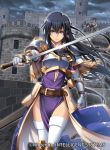 1girl 3boys aira_(fire_emblem) arm_guards armor bag bangs belt black_hair breastplate capelet castle clenched_hand closed_mouth cloud cloudy_sky commentary_request company_name copyright_name dress elbow_gloves fingerless_gloves fire_emblem fire_emblem:_seisen_no_keifu fire_emblem_cipher gloves helmet holding holding_sword holding_weapon i-la jewelry long_hair looking_at_viewer multiple_boys official_art outdoors purple_dress purple_eyes serious sheath shiny shiny_hair short_sleeves shoulder_armor shoulder_bag sky standing sword thighhighs weapon white_gloves white_legwear 