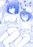  1boy 1girl :d absurdres age_difference areolae beach bench black_hair blue_theme breasts flower food haguro_(kantai_collection) hair_flower hair_ornament hat highres ice_cream kantai_collection large_breasts little_boy_admiral_(kantai_collection) military_hat navel nipples nude ocean open_mouth pubic_hair pubic_hair_peek short_hair sky smile spoon sweatdrop translation_request ugono_takenoko water 