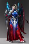  1girl absurdres anastasia_bulgakova armor blonde_hair blood blood_on_face breasts chain closed_mouth deviantart_username flag full_body gradient gradient_background high_ponytail highres knight large_breasts long_hair mecha original russia shield solo sword warrior weapon 