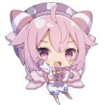  1girl :3 :d ahoge bangs big_head blush capelet chibi crescent eyebrows_visible_through_hair facial_mark full_body hair_between_eyes hand_up hat highres long_sleeves looking_at_viewer nijisanji no_shoes open_mouth outstretched_arm pink_capelet pink_hair pink_legwear purple_eyes purple_headwear purple_neckwear sapphire_(sapphire25252) short_jumpsuit simple_background smile solo star thighhighs ushimi_ichigo virtual_youtuber white_background 
