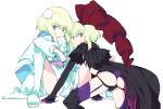  1boy ass belt black_panties cape cosplay crossdressing dress green_hair hair_ornament lio_fotia looking_back macross macross_frontier male_focus otakebi otoko_no_ko panties promare purple_eyes sheryl_nome sheryl_nome_(cosplay) sitting solo thighhighs underwear 