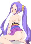  1girl ass back bangs bare_shoulders blush breasts breasts_outside dress dress_pull fate/grand_order fate_(series) forehead hair_ornament hair_scrunchie highres long_hair looking_at_viewer nipples open_mouth parted_bangs purple_dress purple_eyes purple_hair scrunchie simple_background sitting small_breasts smile solo soxkyo thighs twintails very_long_hair wariza white_background wu_zetian_(fate/grand_order) yellow_scrunchie 
