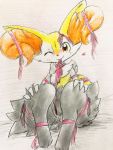  &lt;3 3_toes black_fur blush bodily_fluids braixen colored_pencil_(artwork) ears_up eiroru female fluffy fluffy_ears fur genital_fluids hi_res inner_ear_fluff nintendo one_eye_closed pok&eacute;mon pok&eacute;mon_(species) pussy pussy_juice red_eyes red_fur red_nose ribbons sitting solo spread_legs spreading toes traditional_media_(artwork) video_games white_fur yellow_fur 