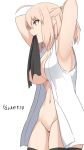  1girl ahoge armpits black_legwear black_ribbon breasts brown_eyes commentary_request covered_nipples dated fate/grand_order fate_(series) from_side in_mouth jacket large_breasts navel no_panties okita_souji_(fate) okita_souji_(fate)_(all) ribbon shiseki_hirame simple_background sleeveless_jacket solo thighhighs white_background white_jacket 