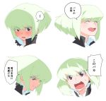  1boy blush closed_eyes cravat green_hair jacket lio_fotia male_focus multiple_views ns1123 open_mouth promare purple_eyes shaded_face short_hair smile speech_bubble translation_request 