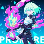  1boy black_gloves black_jacket blue_eyes copyright_name cravat earrings fire fusuma_(nohbrk) gloves half_gloves highres jacket jewelry lio_fotia male_focus outstretched_hand promare purple_eyes solo 