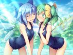  2girls ^_^ ass bangs bare_arms bare_shoulders blue_bow blue_hair blue_sky blue_swimsuit blush bow breasts chima_q cirno closed_eyes cloud collarbone commentary_request covered_nipples cowboy_shot daiyousei day eyebrows_visible_through_hair facing_another fairy_wings green_eyes green_hair hair_between_eyes hair_bow hand_on_own_chest highres ice ice_wings leaning_forward light_rays multiple_girls nose_blush one-piece_swimsuit open_mouth outdoors short_hair side_ponytail sky small_breasts smile standing sweat swimsuit thighs touhou tree v_arms wings yellow_bow 