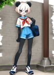  1girl bag black_fur blue_eyes blue_sailor_collar blue_shoes blue_shorts body_fur branch brick_wall child commentary furry grass highres holding holding_bag leaf looking_at_viewer neckerchief netiel original outdoors panda petite pillar red_neckerchief sailor sailor_collar sailor_shirt school_uniform serafuku shirt shirt_tucked_in shoes short_shorts short_sleeves shorts shoulder_bag signature skinny slim_legs smile sneakers solo standing white_fur white_hair white_shirt white_shoes 
