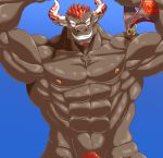  abs biceps blue_background bovid bovine broken_(artist) brown_body cattle clothing eyebrows flexing front_view gyumao hair hi_res holding_object holding_underwear horn inner_ear_fluff japanese_text male mammal muscular muscular_male navel nude pecs pubes red_hair simple_background solo text tokyo_afterschool_summoners underwear video_games 