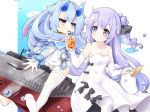  2girls ahoge azur_lane bangs bendy_straw black_bow black_ribbon blue_eyes blue_hair blue_horns blue_sailor_collar blunt_bangs bow collarbone commentary_request cowboy_shot cup detached_sleeves disposable_cup drinking drinking_straw eyebrows_visible_through_hair gudon_(iukhzl) hair_bun hair_flaps hair_ribbon i-13_(azur_lane) long_hair long_sleeves looking_at_another multicolored_hair multiple_girls off_shoulder oni_horns pantyhose purple_eyes purple_hair ribbon ribbon-trimmed_legwear ribbon_trim sailor_collar see-through short_eyebrows side_cutout sidelocks single_thighhigh streaked_hair stuffed_alicorn submarine swimsuit thighhighs unicorn_(azur_lane) water_drop watercraft white_legwear white_swimsuit 