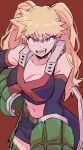  1girl absurdres adapted_costume bakugou_katsuki bandolier belt bibiri_(r42r98r) black_gloves black_shirt blonde_hair boku_no_hero_academia breasts cleavage clenched_hand collarbone commentary_request crop_top elbow_gloves gauntlets genderswap genderswap_(mtf) gloves green_gloves hand_on_own_hip highres large_breasts looking_up midriff multicolored_gloves navel open_mouth red_background red_eyes red_gloves red_trim shirt shorts signature solo spiked_hair tsurime twintails two-tone_gloves watermark watermark_grid 