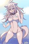  bikini blue_eyes bodily_fluids breasts canid canine canis clothed clothing cloud day domestic_dog eyebrow_through_hair eyebrows eyelashes female hair hi_res looking_down mammal mofumofumachine sea skimpy sky solo sweat swimwear torn_clothing translucent translucent_hair water 